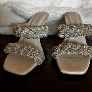 Chic White Beaded/Diamond Studded Women's Kitten Heel Sandals
